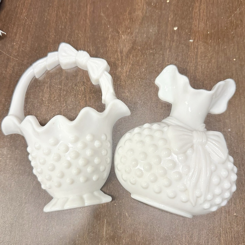 Vintage Burwood Hobnail Wall Pockets White Faux Milk Glass, Basket Vase Set 1983